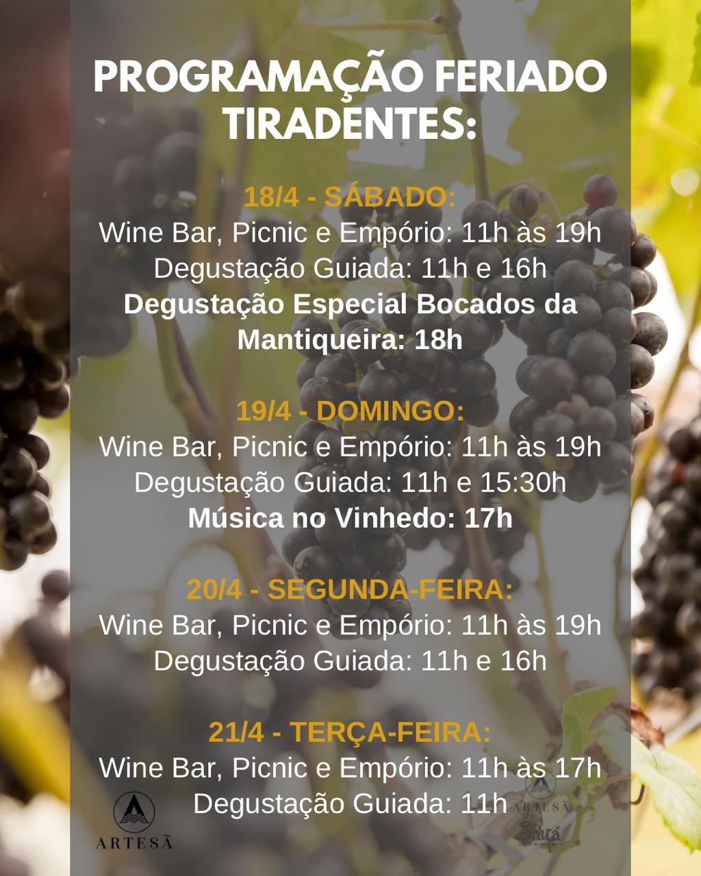Programação Feriado de Tiradentes - Enoturismo e Gastronomia na Mantiqueira - Pousada Bicho do Mato, Restaurante Sauá, Vinícola Artesã - Gonçalves MG